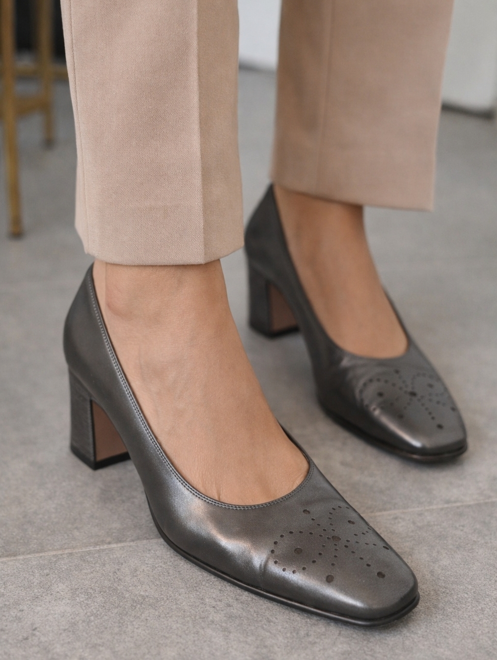 Salvatore Ferragamo Metallic Gray Block Heel Pumps